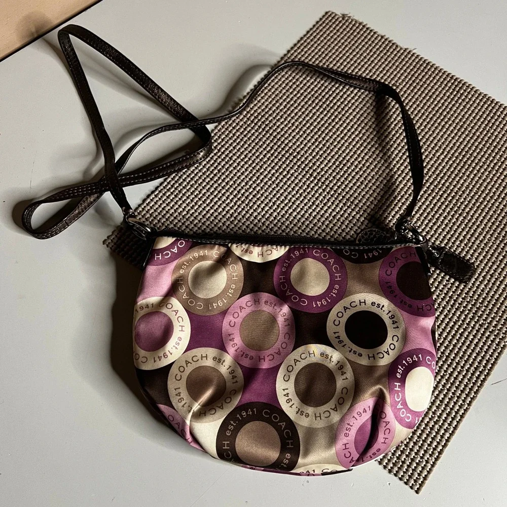 Coach Purple Brown Op Art Circle Satin Crossbody Bag Metallic Bronze Trim